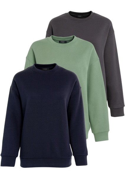 Lacivert/füme/mint Yeşili Bisiklet Yaka Basic 3'lü Paket Sweatshirt MG2595