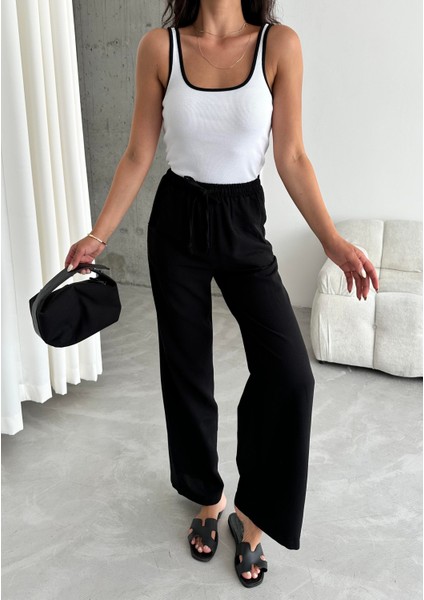 Siyah Beli Lastikli Pamuklu Keten Pantolon