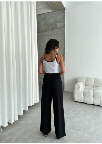 Siyah Beli Lastikli Pamuklu Keten Pantolon