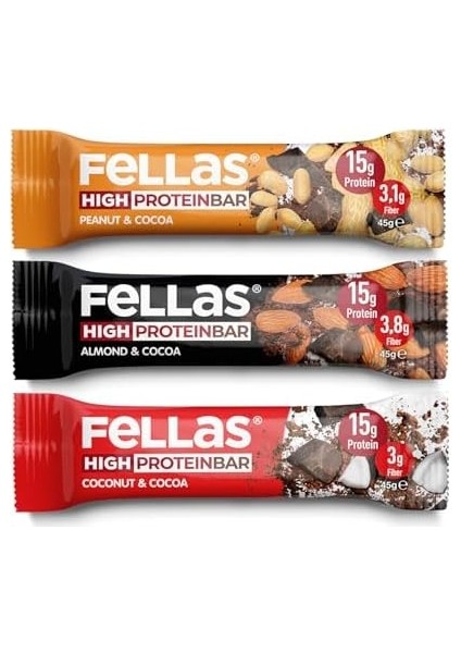 Fellas Yüksek Protein Bar, Karma Kutu (3 Çeşit), 45GR x 12 Adet