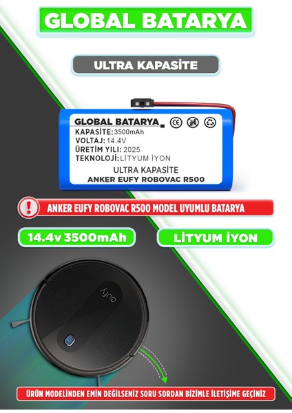 Anker Eufy Robovac R500 Uyumlu Akıllı Robot Süpürge Bataryası 14.4V 3500MAH Li-Ion Pil (Ultra Kapasite)