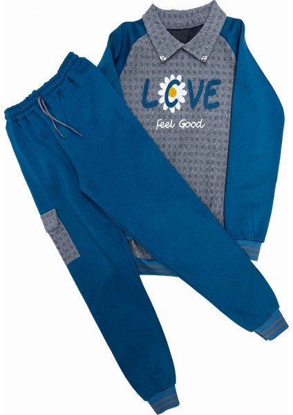 Kız Çocuk Kargo Cepli Gömlek Yakalı ve Yaka Taşlı 3 Iplik Alt Üst Takım 12328