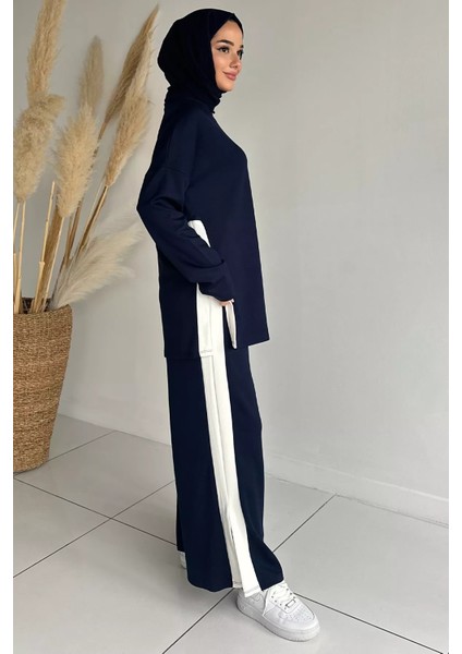 Şerit Desenli Tunik Bel Lastikli Pantolon Tesettür Ikili Takım P-00018892 modelleri