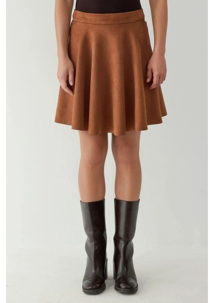 Kadın Fermuarlı Yüksek Bel Suni Süet Mini Etek Deve Kahvesi