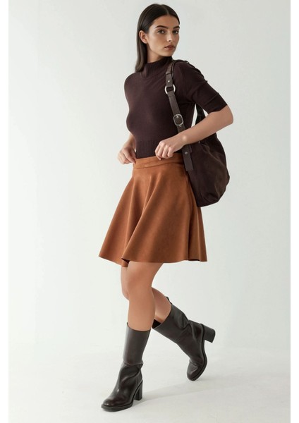 Kadın Fermuarlı Yüksek Bel Suni Süet Mini Etek Deve Kahvesi fiyatları