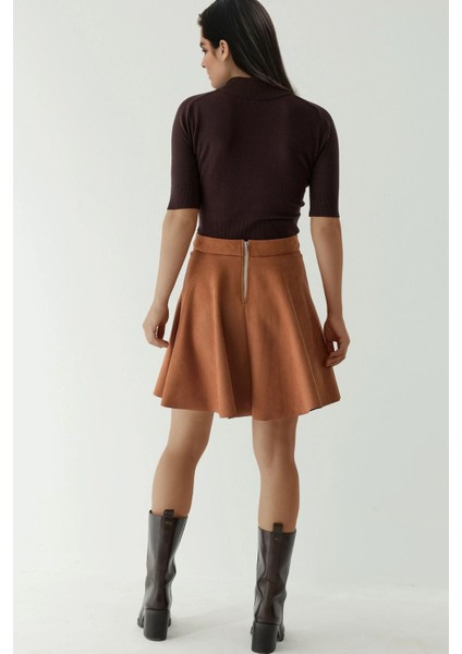 Kadın Fermuarlı Yüksek Bel Suni Süet Mini Etek Deve Kahvesi modelleri