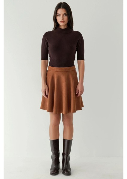 Kadın Fermuarlı Yüksek Bel Suni Süet Mini Etek Deve Kahvesi