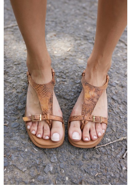 Morita Kadın Taba Desenli Gercek Deri Parmak Arasi Terlik