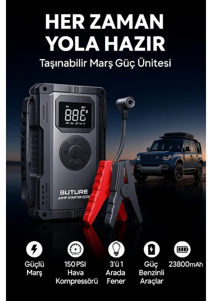 BETA06 4000A 23800mah Lastik Şişirme Kompresörlü Taşınabilir Akü Takviye Kiti (Çanta + Led Lamba + Powerbank) fiyatları