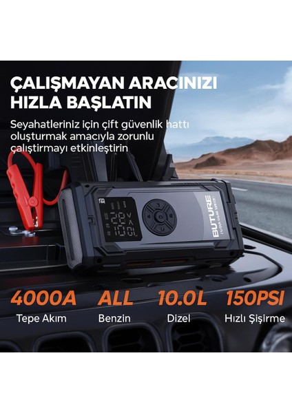BETA06 4000A 23800mah Lastik Şişirme Kompresörlü Taşınabilir Akü Takviye Kiti (Çanta + Led Lamba + Powerbank) fırsatları