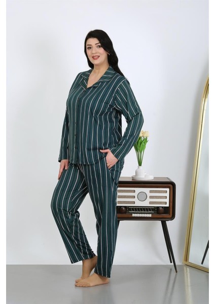Kadın Büyük Beden Pamuklu Cepli Düğmeli Petrol Pijama Takım fiyatları