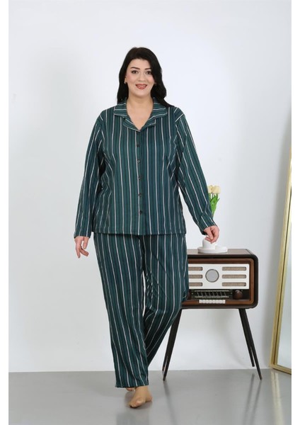 Kadın Büyük Beden Pamuklu Cepli Düğmeli Petrol Pijama Takım modelleri