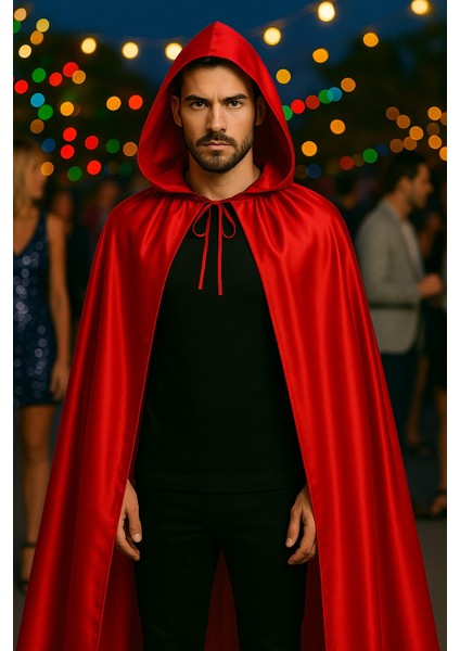 Kırmızı Şeytan Pelerini Kapşonlu 120 cm Halloween Kostüm Aksesuarı