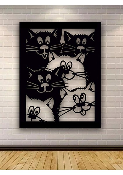 35 x 27CM Kalabalık Kediler Siyah 3mm Mdf Ahşap Tablo Dekoratif Duvar Dekoru Süsü