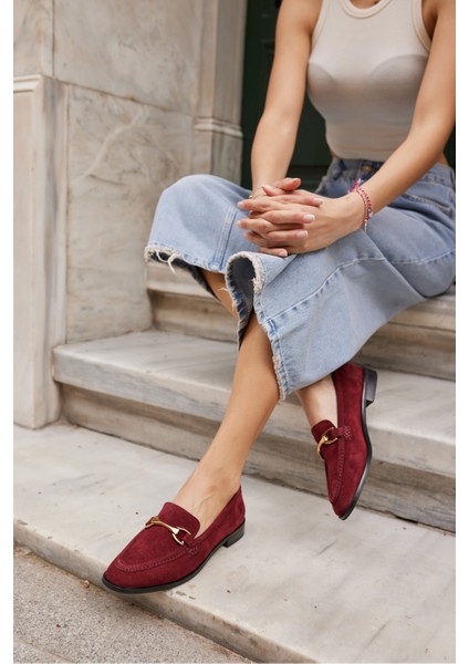 Rush Kadın Bordo Gercek Suet Toka Detay Loafer Ayakkabi