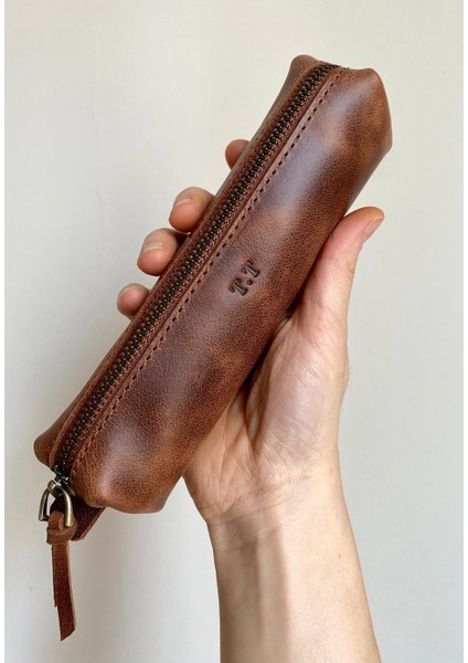 (Isim Yazıyoruz) Kalemlik / Mini Makyaj Çantası - El Yapımı Hakiki Deri