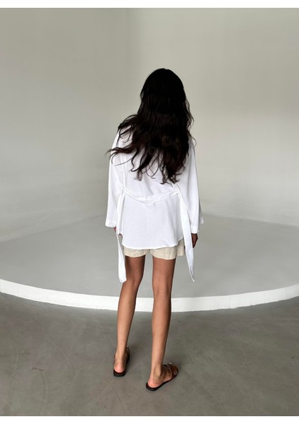 Beyaz Pamuk Düğme Detaylı Kemerli Keten Kimono