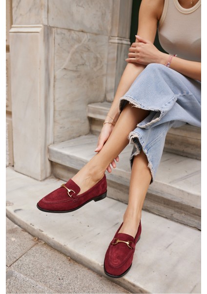 Rush Kadın Bordo Gercek Suet Toka Detay Loafer Ayakkabi
