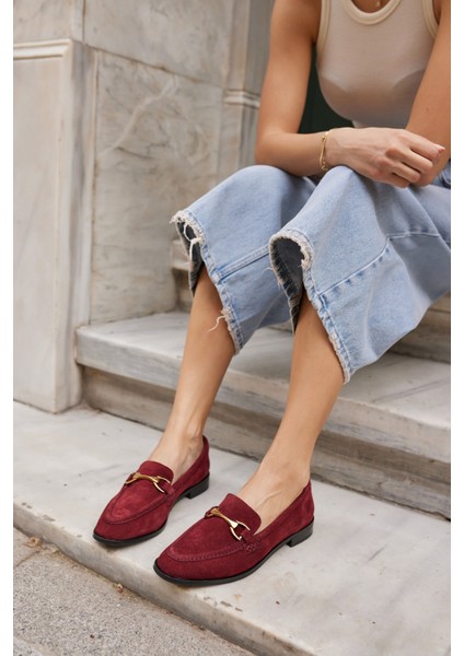 Rush Kadın Bordo Gercek Suet Toka Detay Loafer Ayakkabi