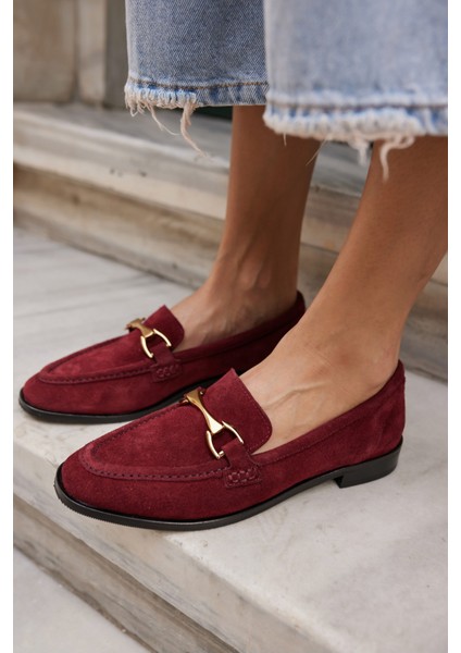 Rush Kadın Bordo Gercek Suet Toka Detay Loafer Ayakkabi