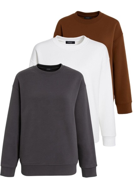 Kahverengi/füme/ekru Bisiklet Yaka Basic 3'lü Paket Sweatshirt MG2595