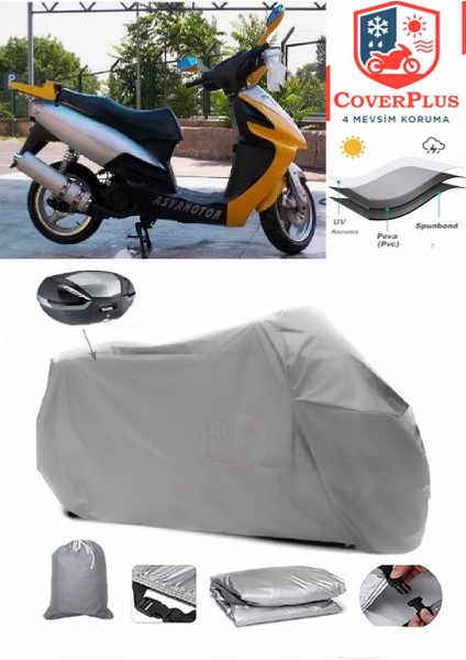 Asya As 150 T 5A Arka Çanta Uyumlu (Gri) Motorsiket Brandası Motor Örtüsü Çadır Su Geçirmez Motosiklet Kılıfı Motor Brandası