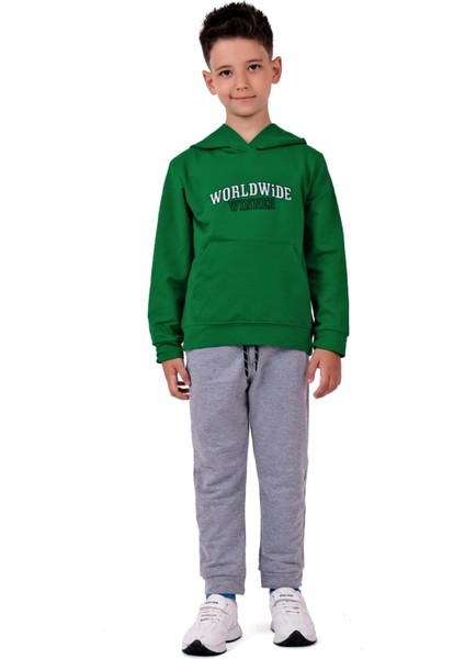 Erkek Çocuk Worldwide Winner Nakışlı Kanguru Cepli Kapüşonlu Eşofman Takımı