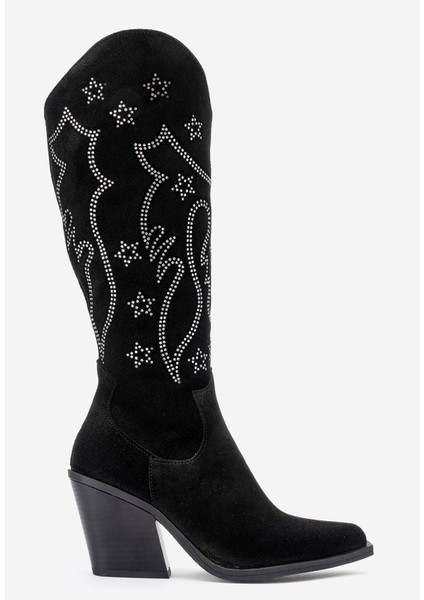 Kadın Yüksek Topuk Sivri Burun Çizme Gerçek Süet Deri Zy 1609 Siyah