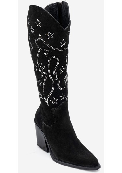 Kadın Yüksek Topuk Sivri Burun Çizme Gerçek Süet Deri Zy 1609 Siyah modelleri