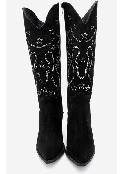 Kadın Yüksek Topuk Sivri Burun Çizme Gerçek Süet Deri Zy 1609 Siyah indirimleri