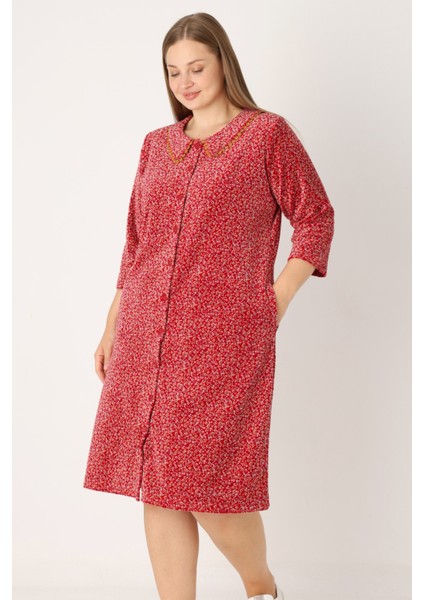 Çiçek Desenli Boydan Düğmeli Biyeli Cepli Pamuklu Kadife Kadın Büyük Beden Elbise