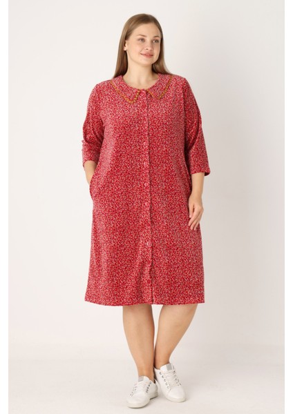 Çiçek Desenli Boydan Düğmeli Biyeli Cepli Pamuklu Kadife Kadın Büyük Beden Elbise fiyatları