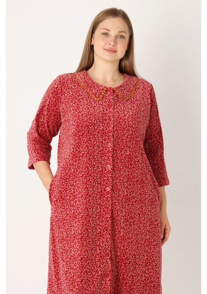 Çiçek Desenli Boydan Düğmeli Biyeli Cepli Pamuklu Kadife Kadın Büyük Beden Elbise modelleri