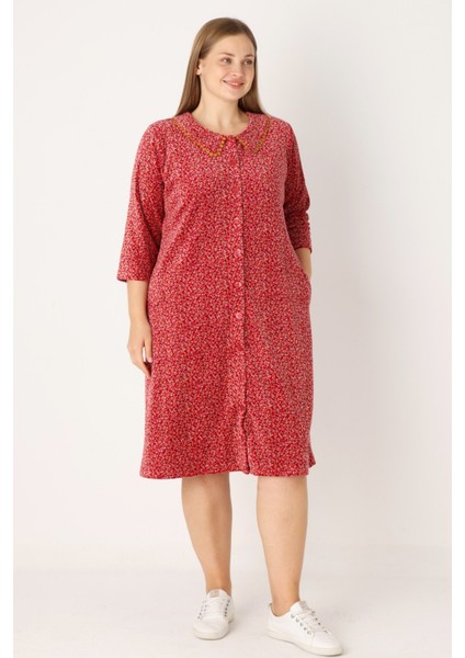 Çiçek Desenli Boydan Düğmeli Biyeli Cepli Pamuklu Kadife Kadın Büyük Beden Elbise indirimleri