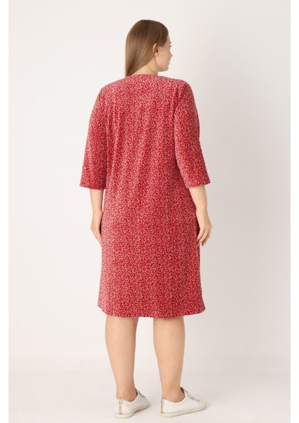 Çiçek Desenli Boydan Düğmeli Biyeli Cepli Pamuklu Kadife Kadın Büyük Beden Elbise