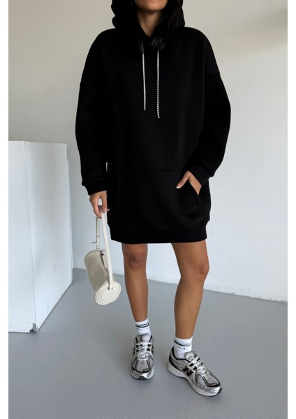 Kadın Kapüşonlu Taş Detaylı Sweatshirt Elbise