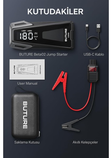 BETA02 2500A 21800mah Taşınabilir Akü Takviye Kiti (Çanta + Led Lamba + Powerbank)