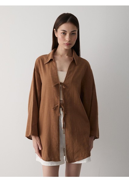 Kahve %100 Pamuk Keten Bağcık Detaylı Kimono Bluz