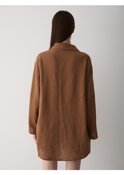 Kahve %100 Pamuk Keten Bağcık Detaylı Kimono Bluz