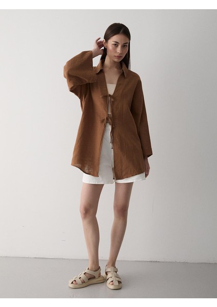 Kahve %100 Pamuk Keten Bağcık Detaylı Kimono Bluz