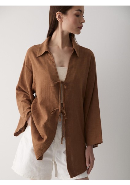 Kahve %100 Pamuk Keten Bağcık Detaylı Kimono Bluz