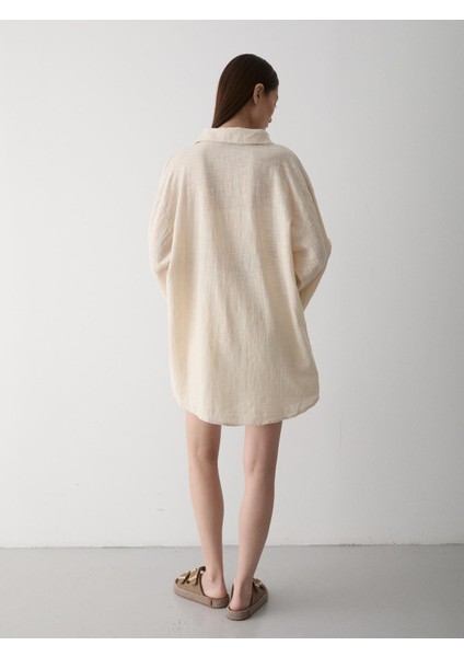 Taş %100 Pamuk Keten Bağcık Detaylı Kimono Bluz