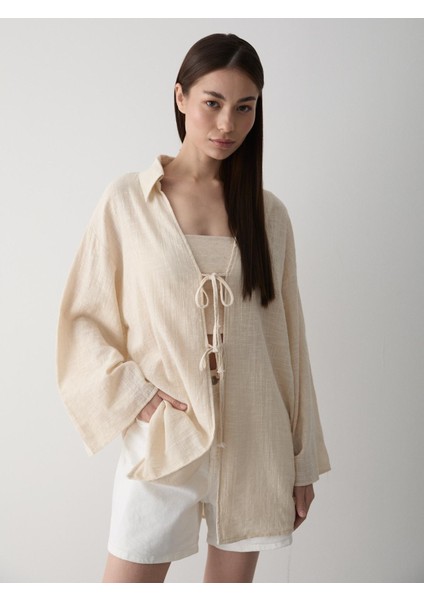 Taş %100 Pamuk Keten Bağcık Detaylı Kimono Bluz