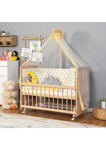 Ahşap Beşik Anne Yanı Beşik Organik (Boyasız) 60X120 - Sarı Yıldız Uyku Seti Yatak Tekerlekli