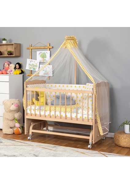 Ahşap Beşik Anne Yanı Beşik Organik (Boyasız) 60X120 - Sarı Yıldız Uyku Seti Yatak Tekerlekli modelleri
