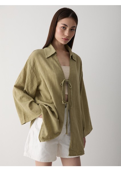 Haki %100 Pamuk Keten Bağcık Detaylı Kimono Bluz