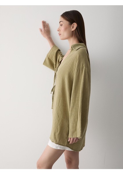 Haki %100 Pamuk Keten Bağcık Detaylı Kimono Bluz