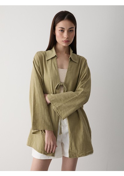 Haki %100 Pamuk Keten Bağcık Detaylı Kimono Bluz