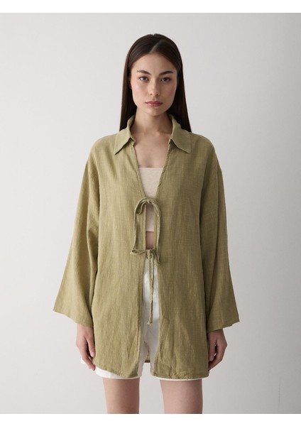 Haki %100 Pamuk Keten Bağcık Detaylı Kimono Bluz
