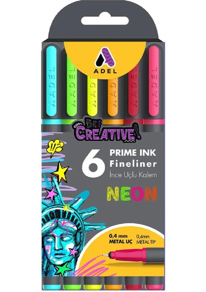 Prime Ink Ince Uçlu Fineliner Kalem Metal Uç Neon Renkler 0.4 mm 6 Lı